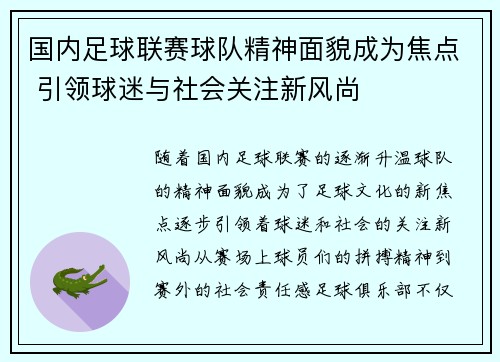 国内足球联赛球队精神面貌成为焦点 引领球迷与社会关注新风尚