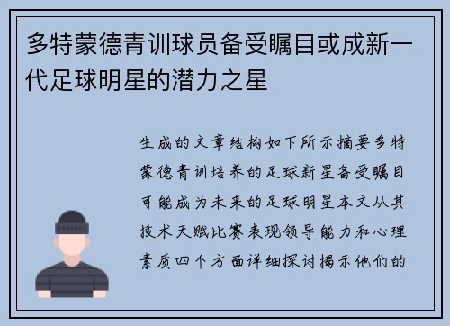 多特蒙德青训球员备受瞩目或成新一代足球明星的潜力之星