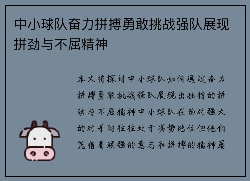 中小球队奋力拼搏勇敢挑战强队展现拼劲与不屈精神