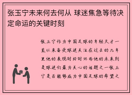 张玉宁未来何去何从 球迷焦急等待决定命运的关键时刻