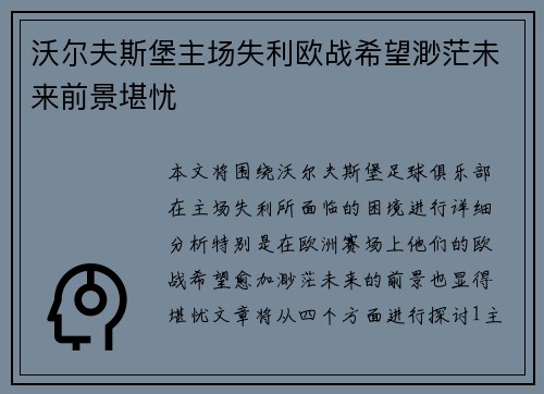 沃尔夫斯堡主场失利欧战希望渺茫未来前景堪忧