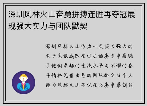 深圳风林火山奋勇拼搏连胜再夺冠展现强大实力与团队默契