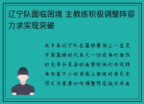 辽宁队面临困境 主教练积极调整阵容力求实现突破