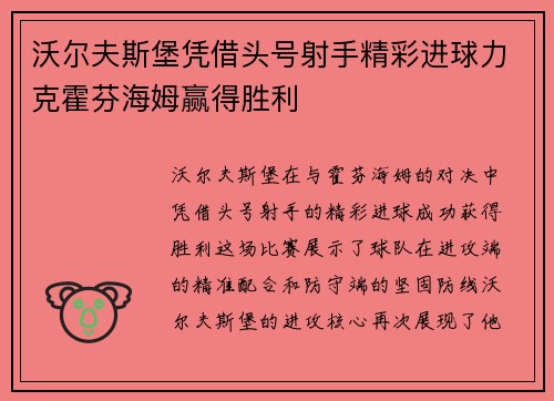 沃尔夫斯堡凭借头号射手精彩进球力克霍芬海姆赢得胜利